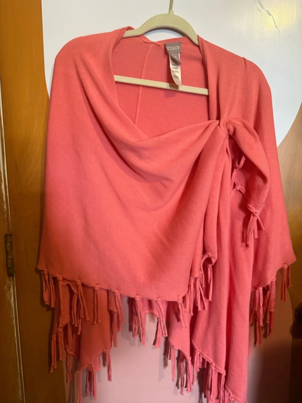 Chicos coral pink fringed Poncho sweater osfm boho bohemian wrap - Picture 2 of 5